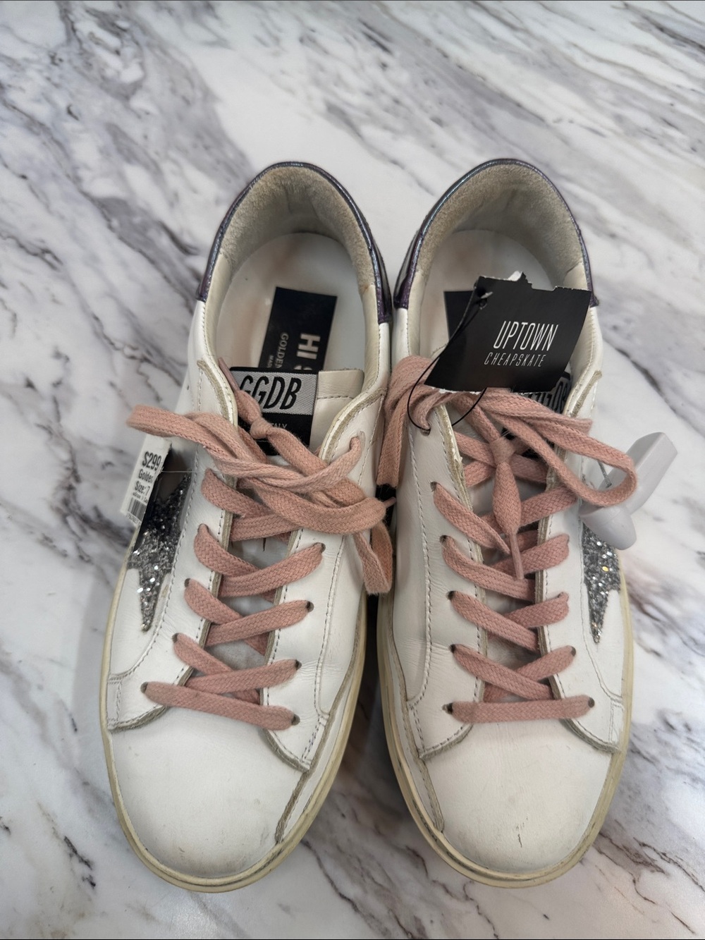 Golden Goose White Leather Sneakers with Pink Laces and Silver Star - Picture 2 of 10